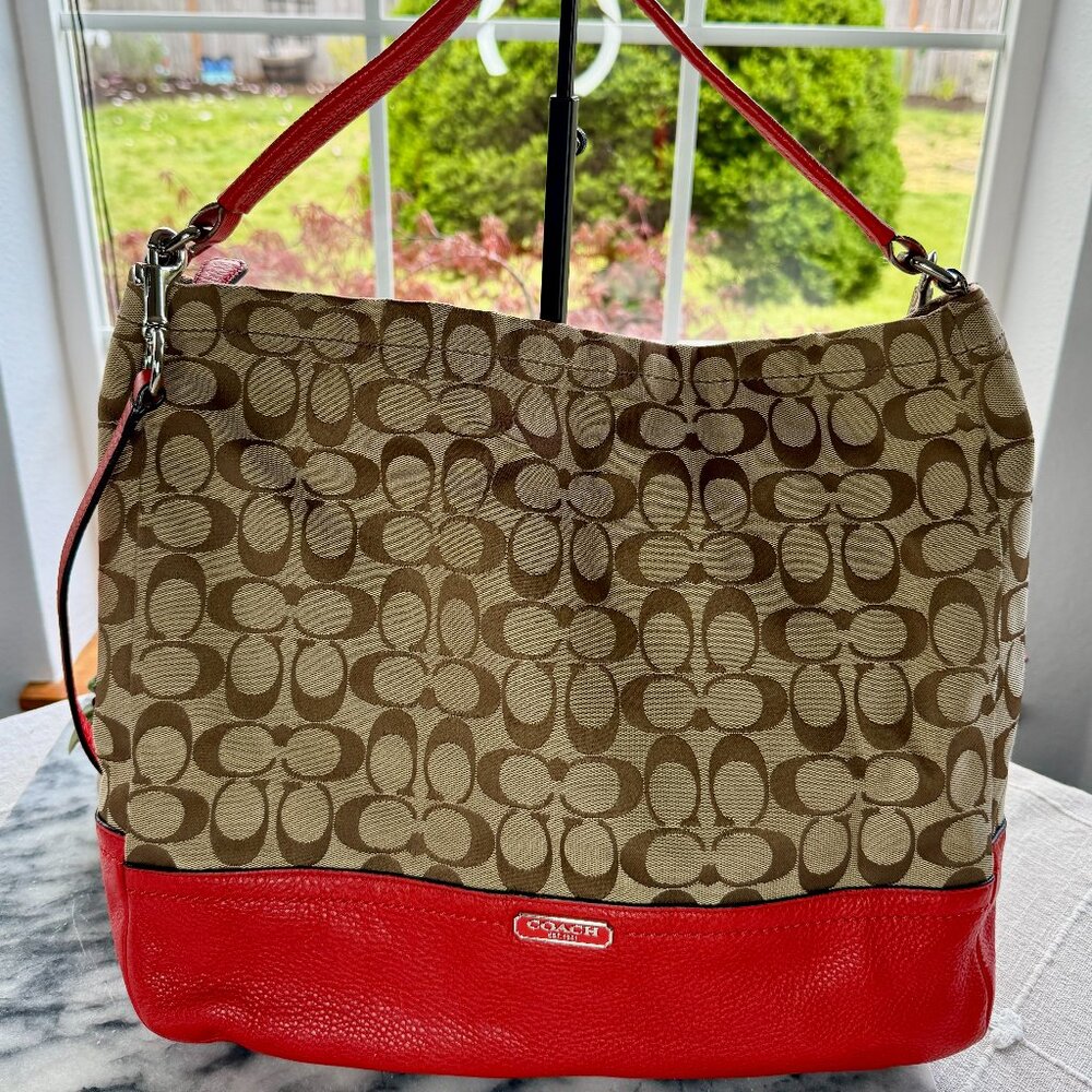 Coach Hobo Crossbody Bag - Beige Signature Monogram Canvas & Red Leather